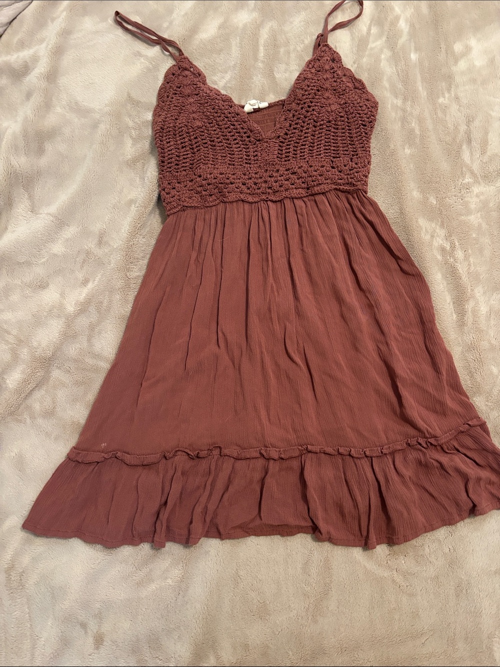 Crochet-Bodice Mini Dress in Dusty Rose